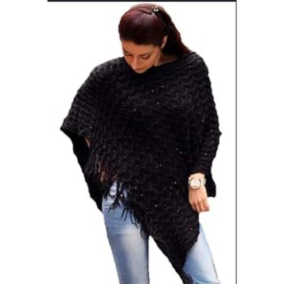 Max Edition Women Asymmetrical Knit Layered Fringe Shrug Ponch Size XS / S - Picture 2 of 11